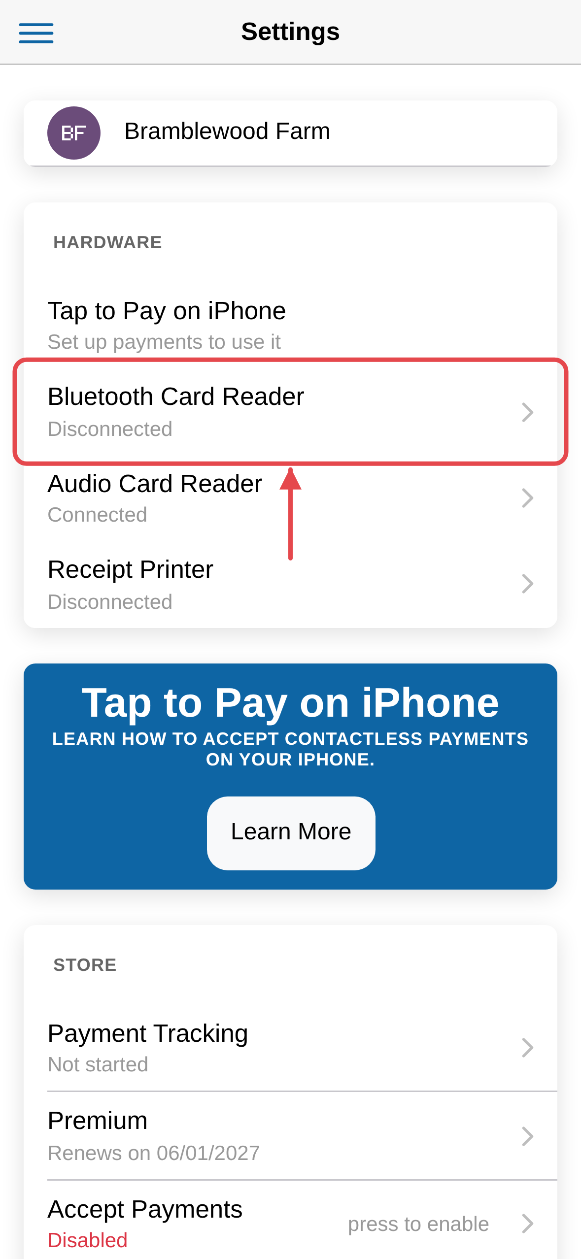 The Hardware section in Settings, where a card reader or receipt printer connects