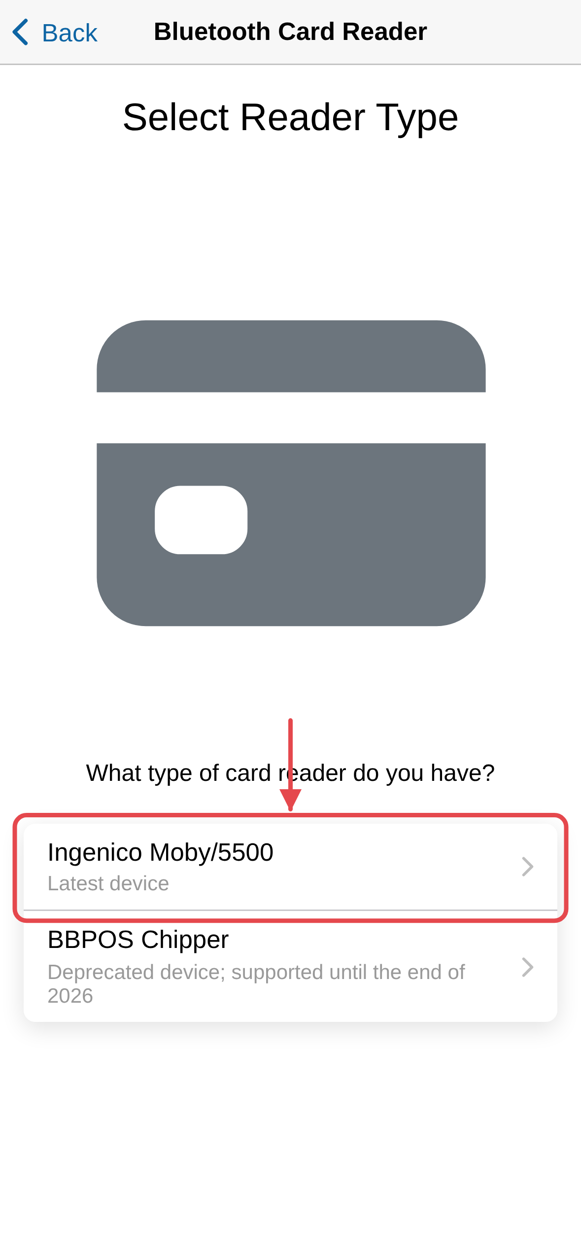 The card reader types offered when pairing a Bluetooth Card Reader