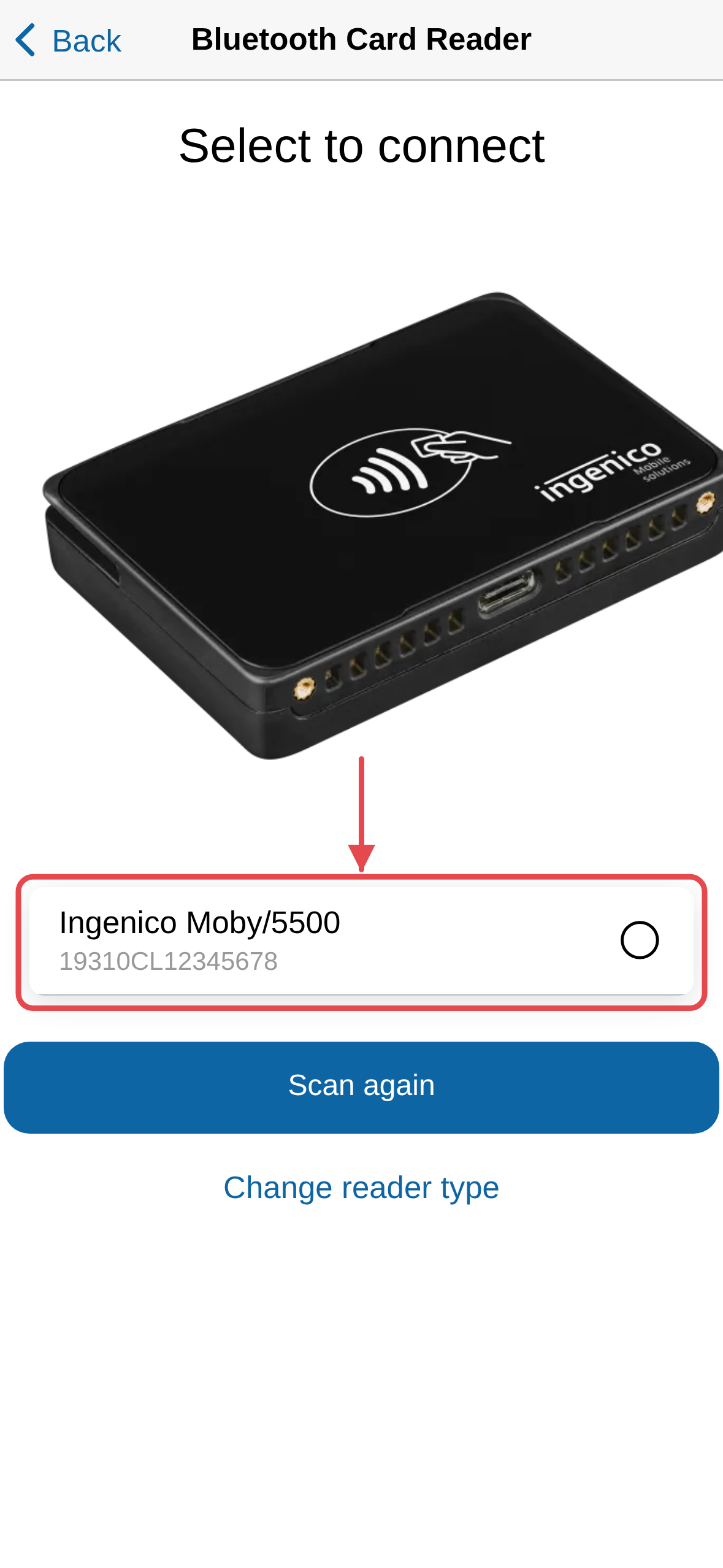 The nearby card reader found and ready to connect