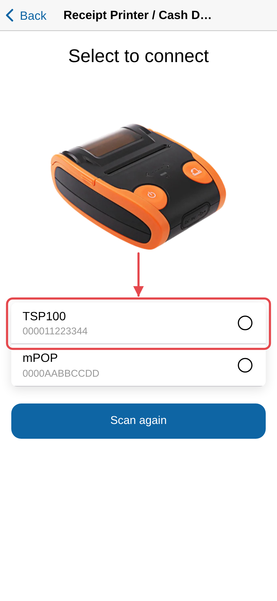 The nearby receipt printer found and ready to connect
