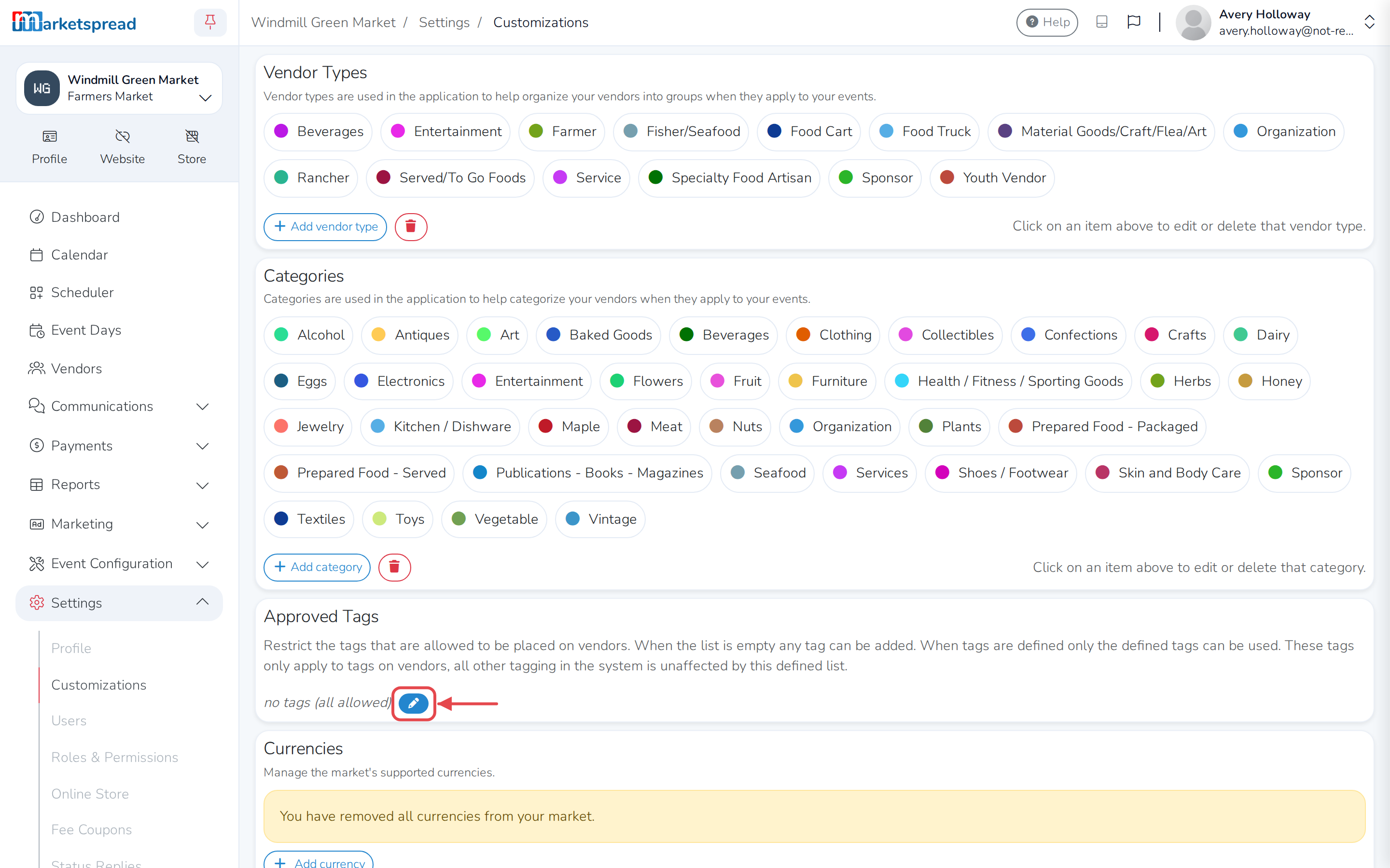 The Customizations page, with Approved Tags empty and its edit-tags pencil icon