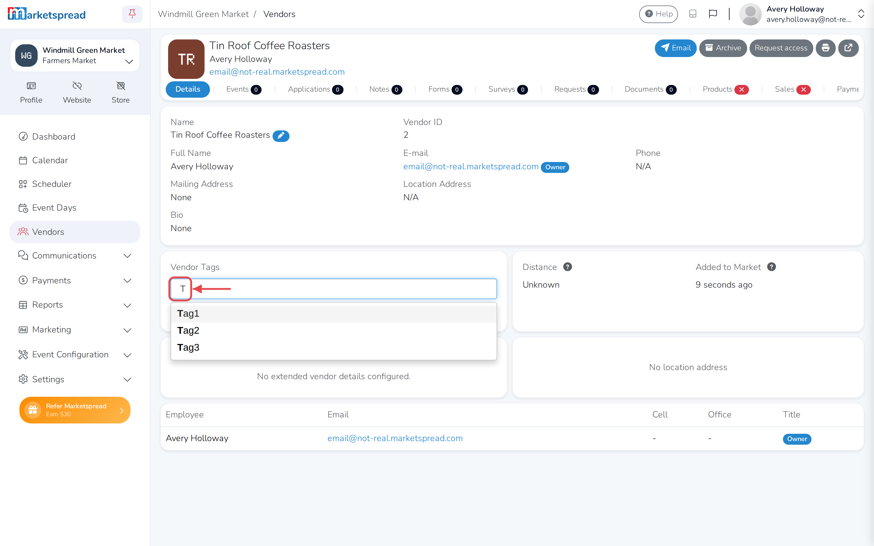 Adding a tag to a vendor's record, with only the market's approved tags suggested