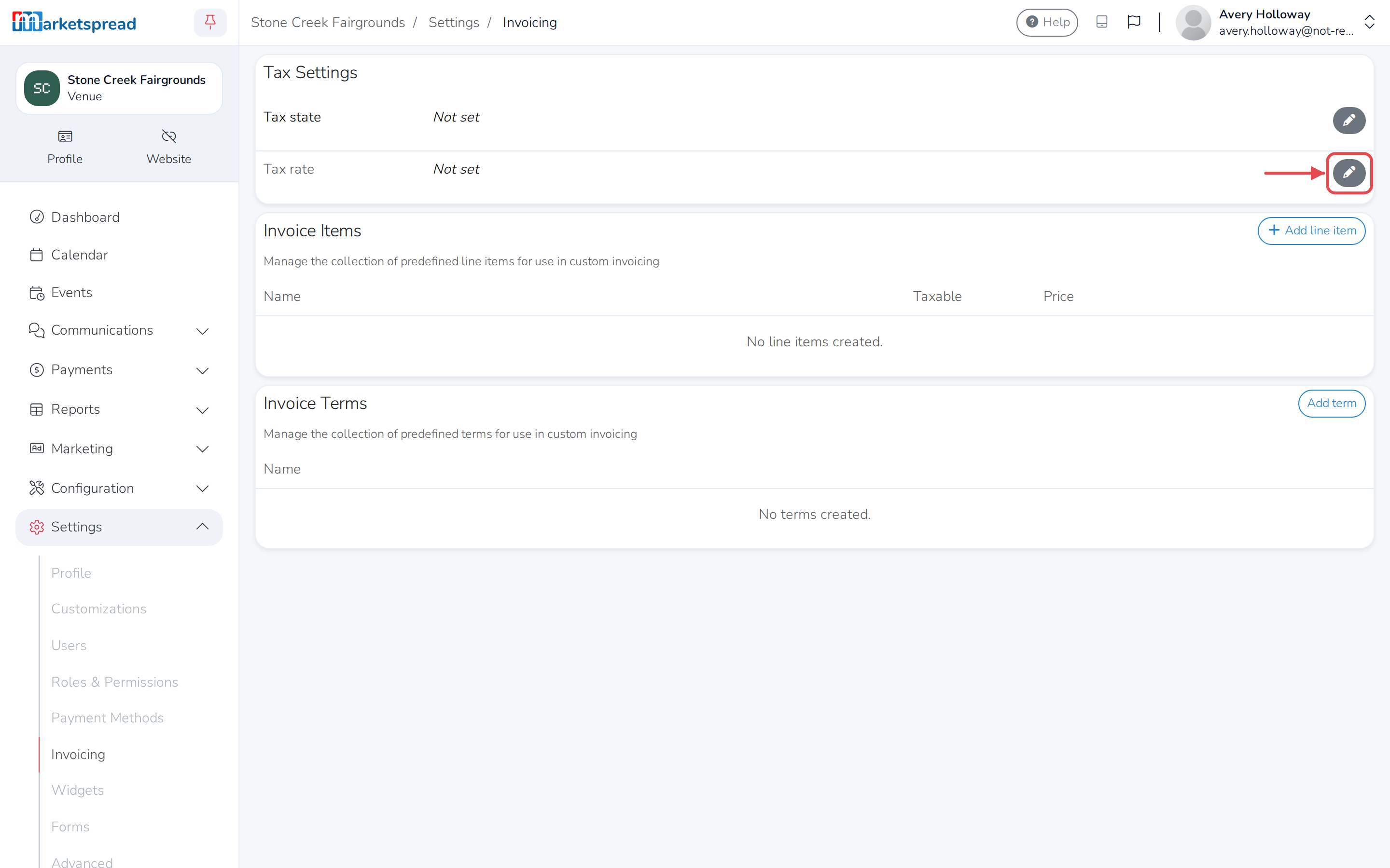 The Invoicing settings screen, with the pencil icon to edit Tax rate