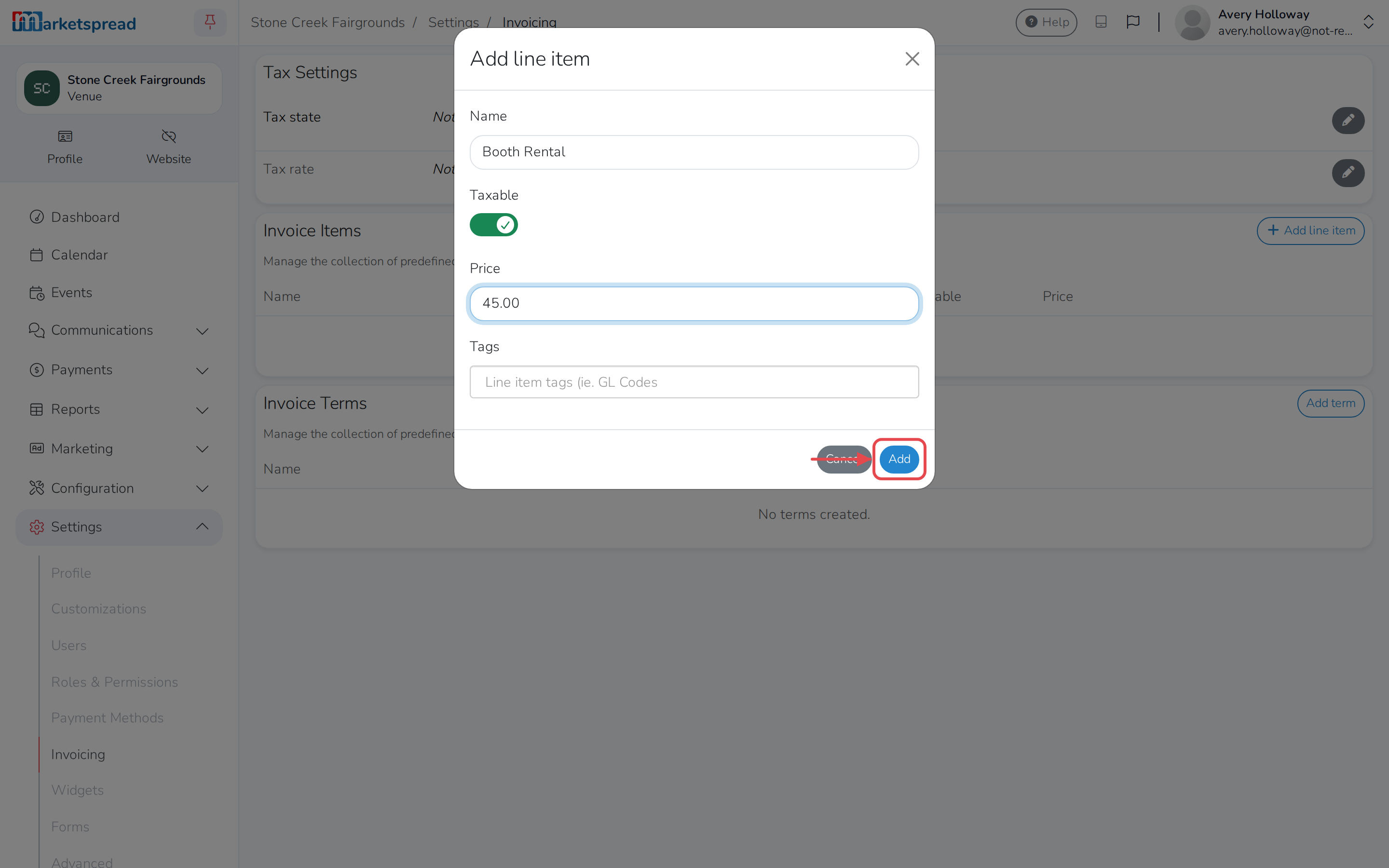 The Add line item form, filled in and ready to save