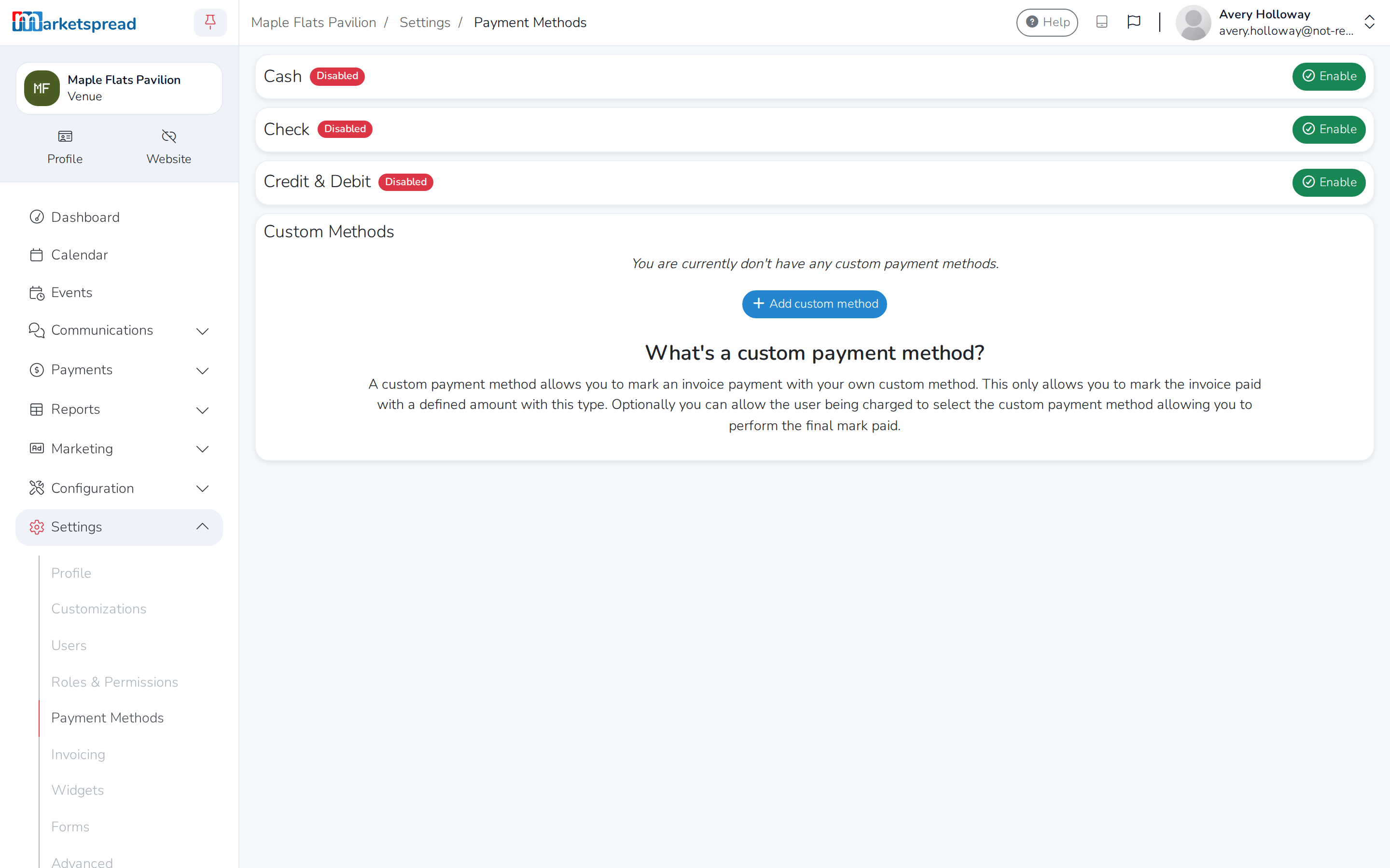 The Payment Methods page, with Cash, Check, Credit & Debit and Custom Methods