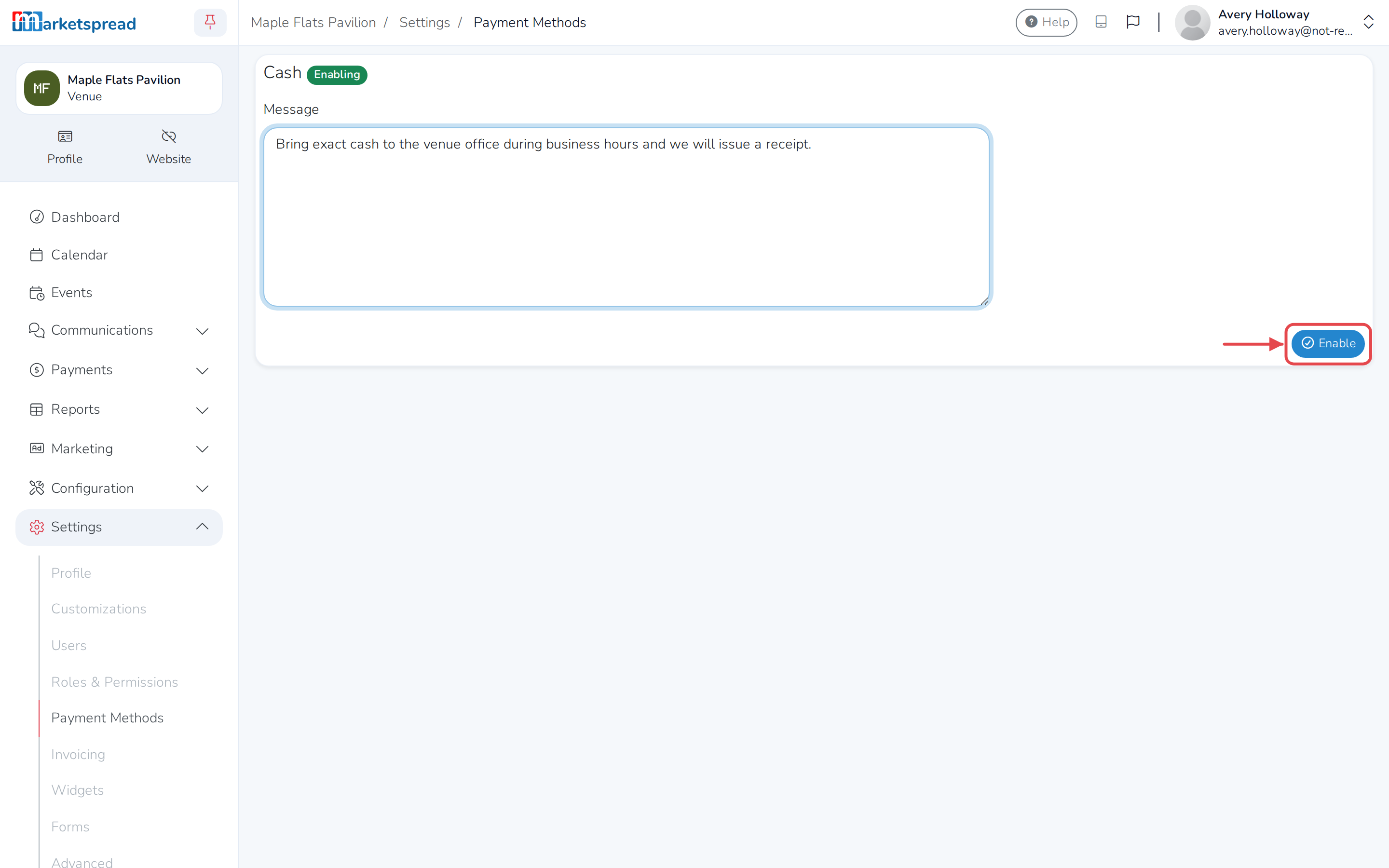 The form to turn on cash payments, with Message filled in