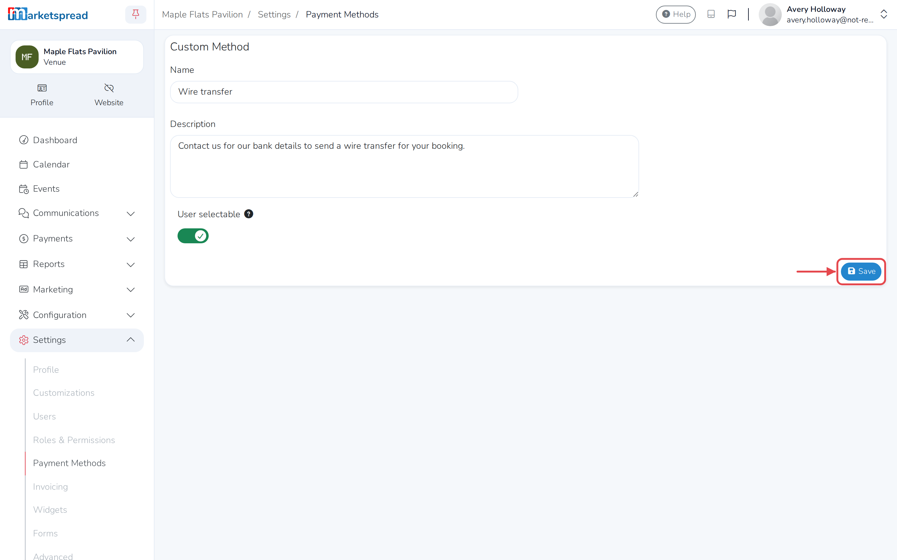 The form to add a custom payment method, with Name, Description and User selectable filled in