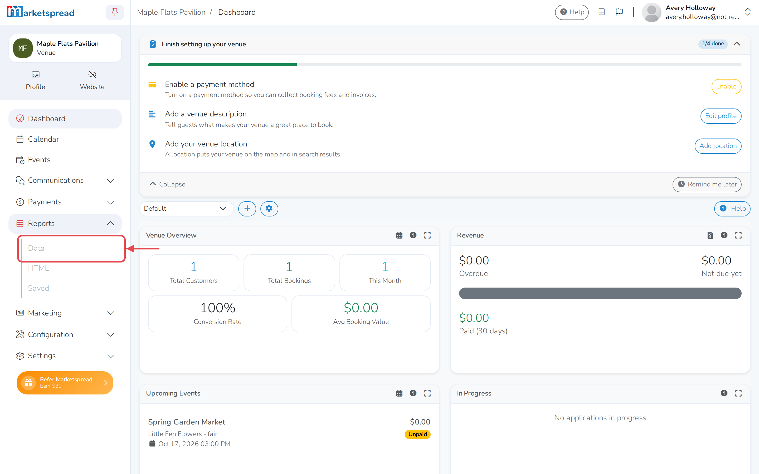 The Reports menu expanded, with Data, HTML and Saved