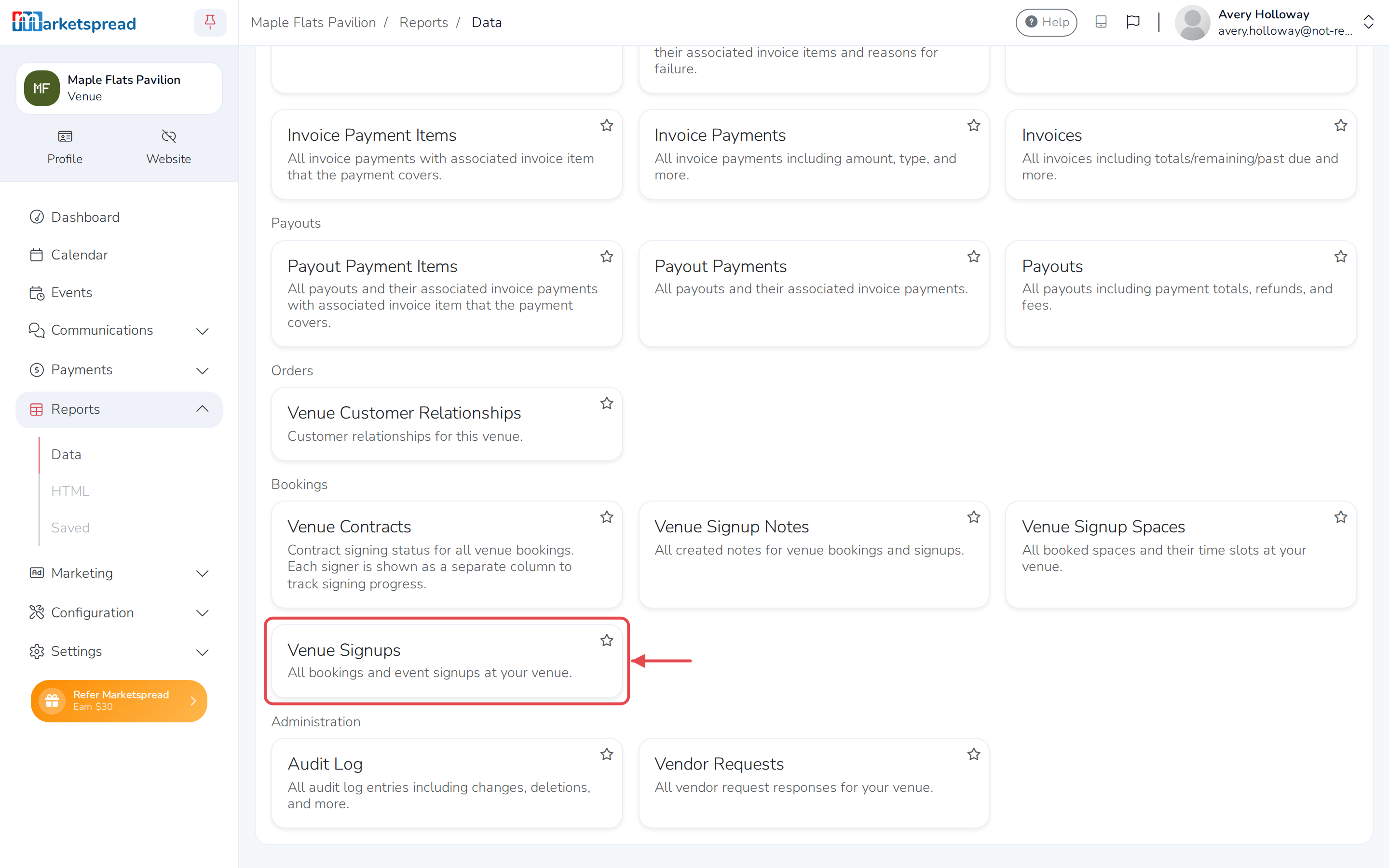 The Data Reports list, with the Venue Signups report