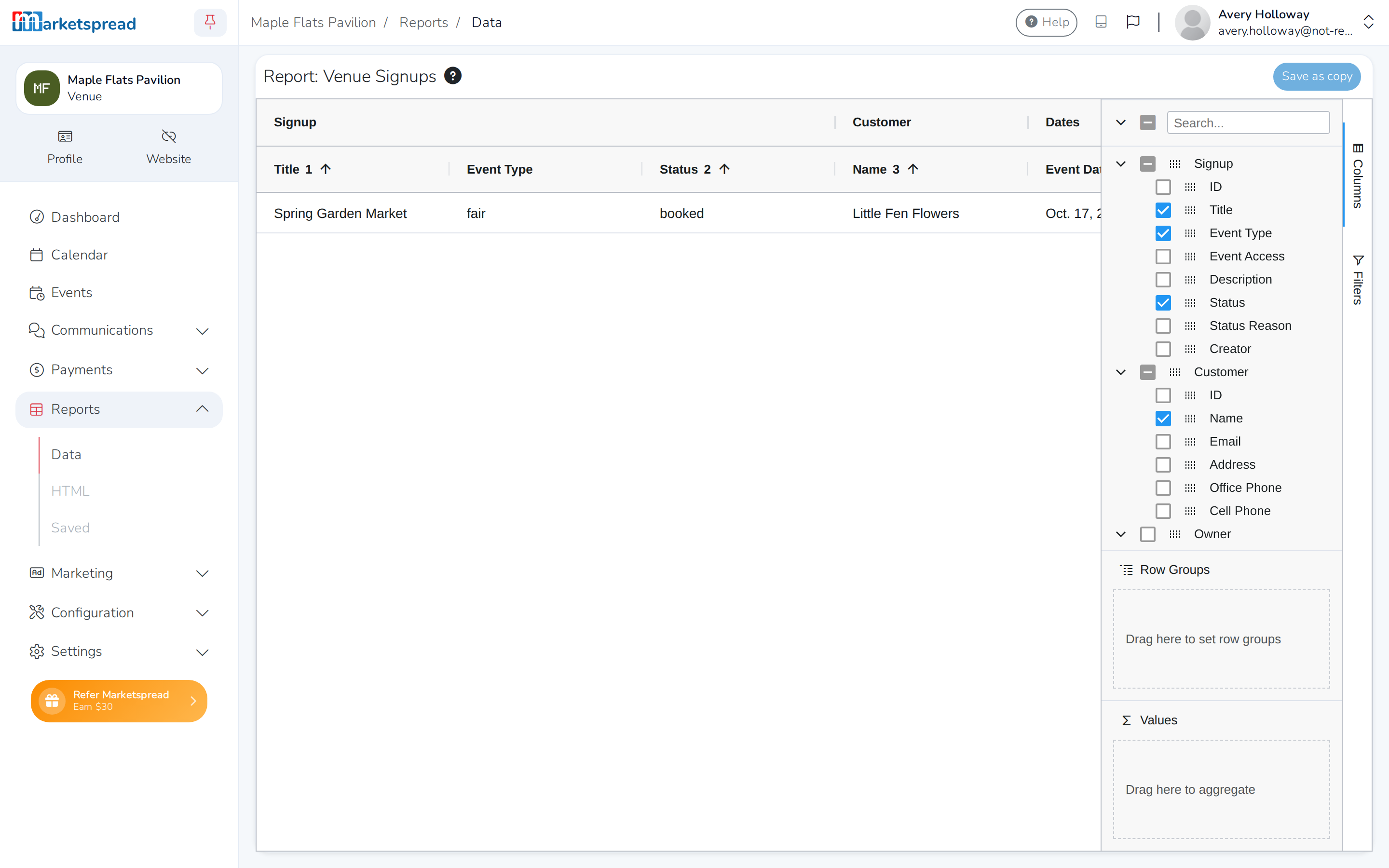 The Venue Signups report, with a booked event on screen
