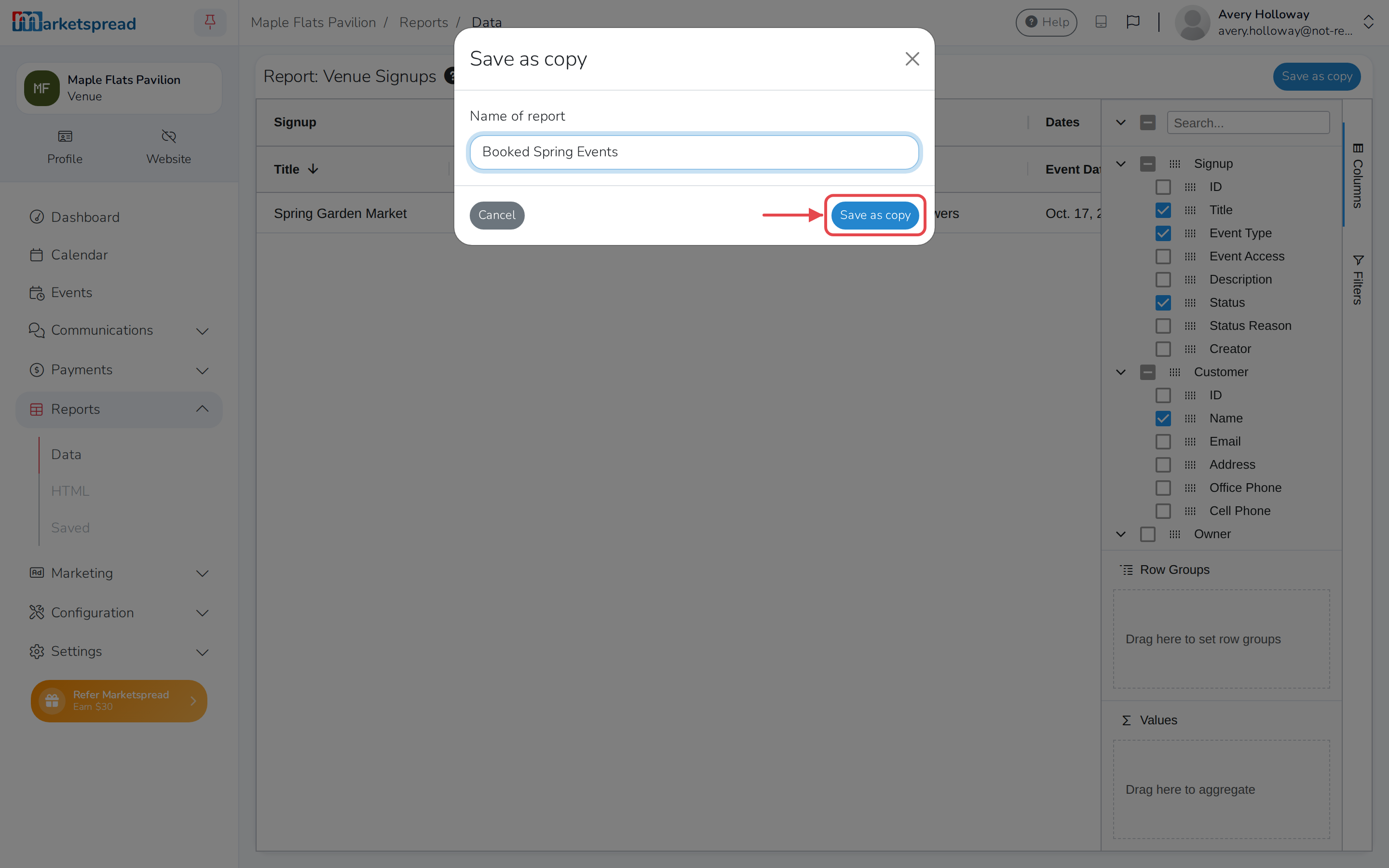 The Save as copy dialog, with a name for the report filled in