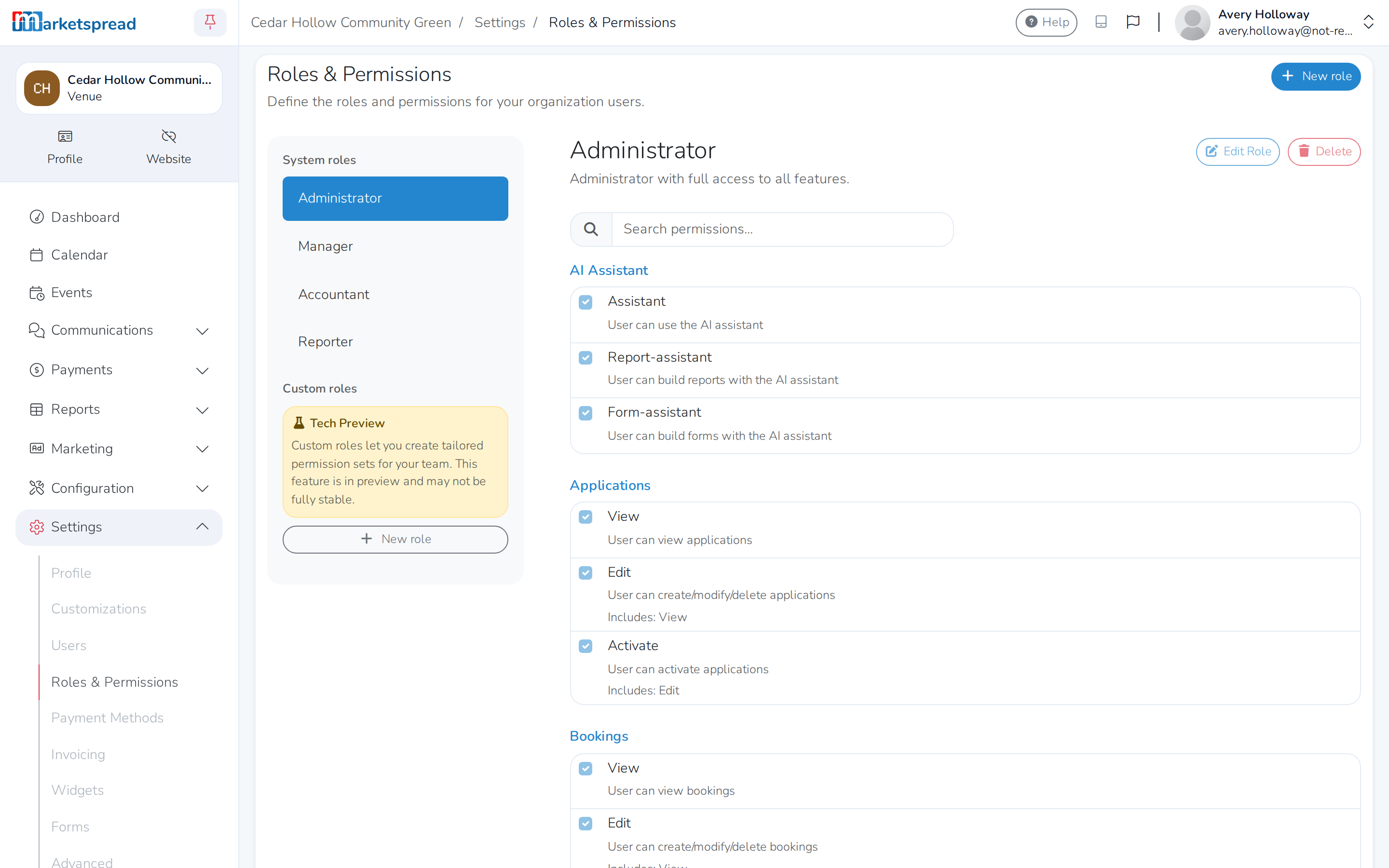 The Roles & Permissions page, with the built-in Administrator role selected and its permissions listed below