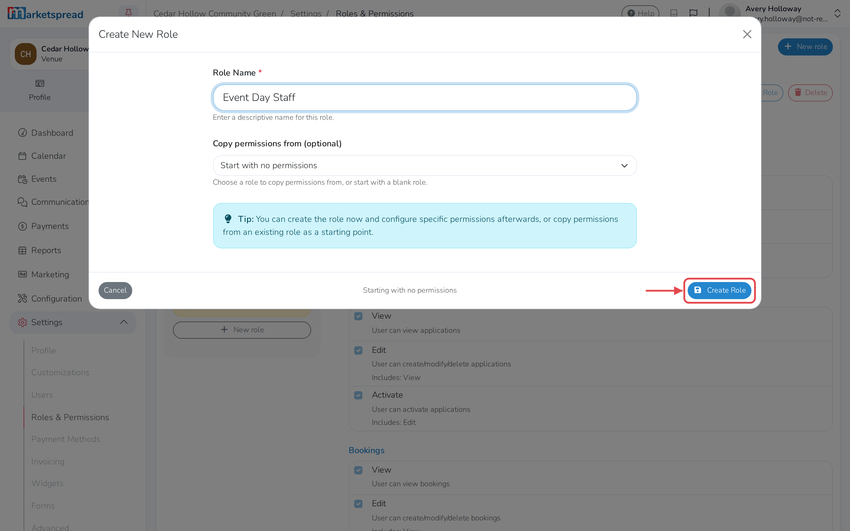 The New Role form, with a role name entered and Create Role ready to click