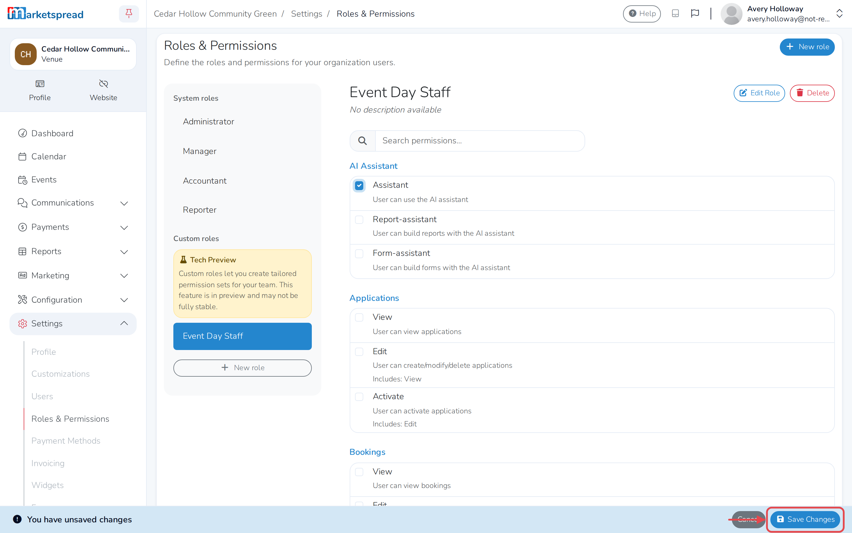Event Day Staff's permission checklist, with a permission just turned on and Save Changes waiting