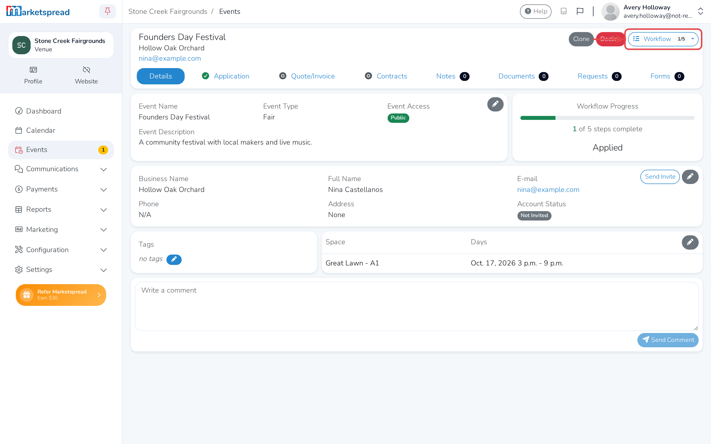 The Details tab, with the Workflow Progress card and the Workflow button that lists every step