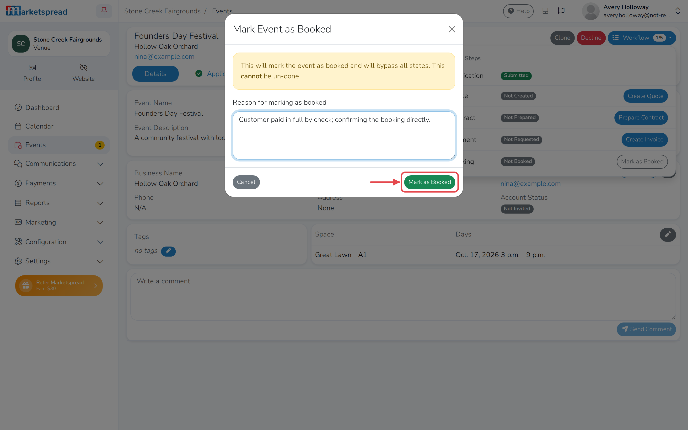 The Mark Event as Booked form, with a reason filled in and ready to confirm