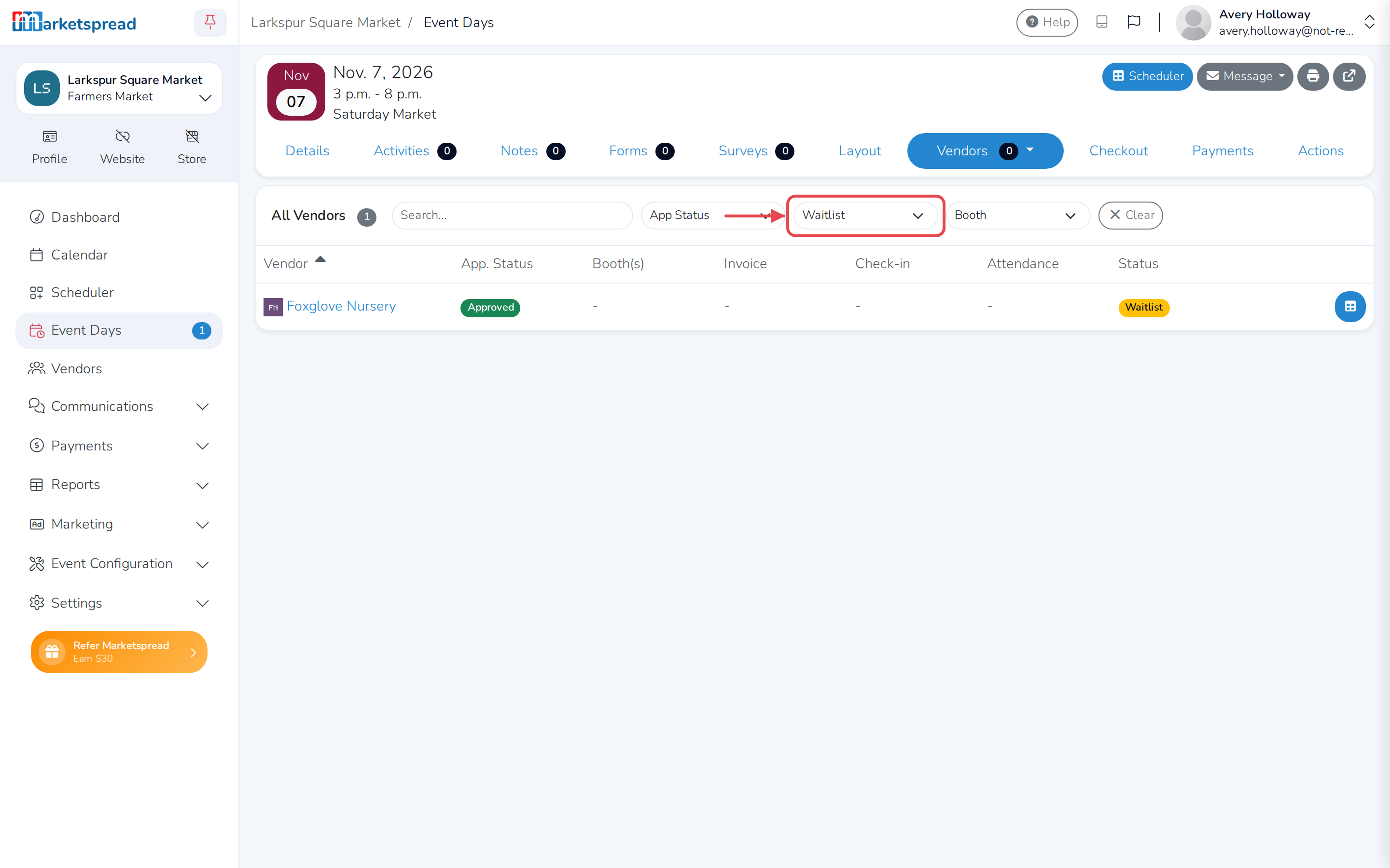 The Day Status filter set to Waitlist, showing the vendor waiting for this day