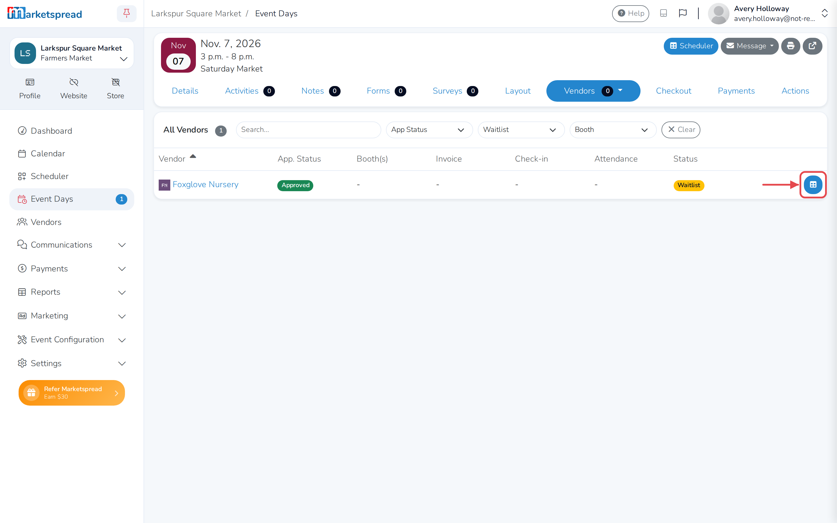 The waitlisted vendor's row, with the Schedule icon that opens Scheduler