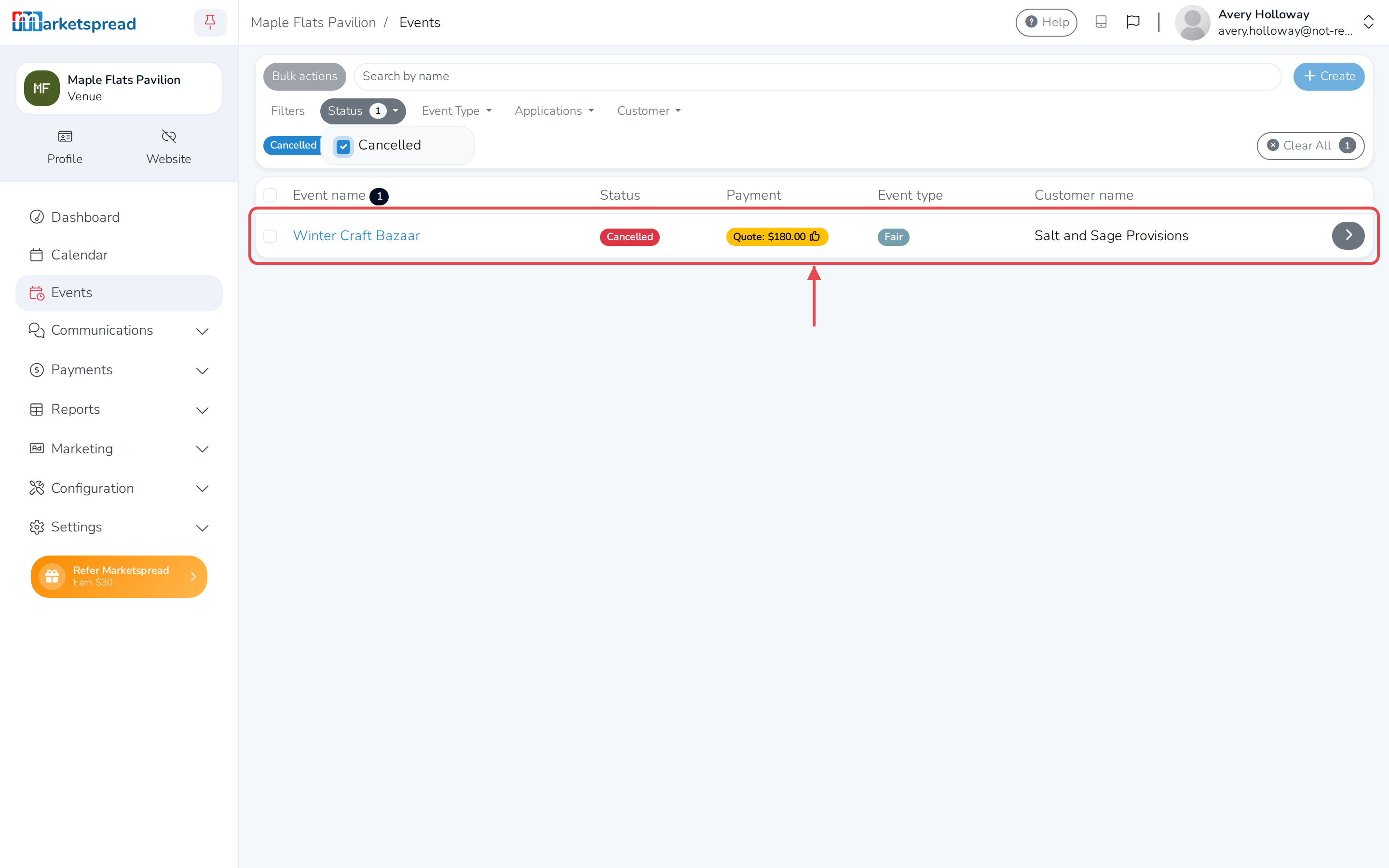 The Events list filtered to Cancelled, with the booking's red Cancelled badge
