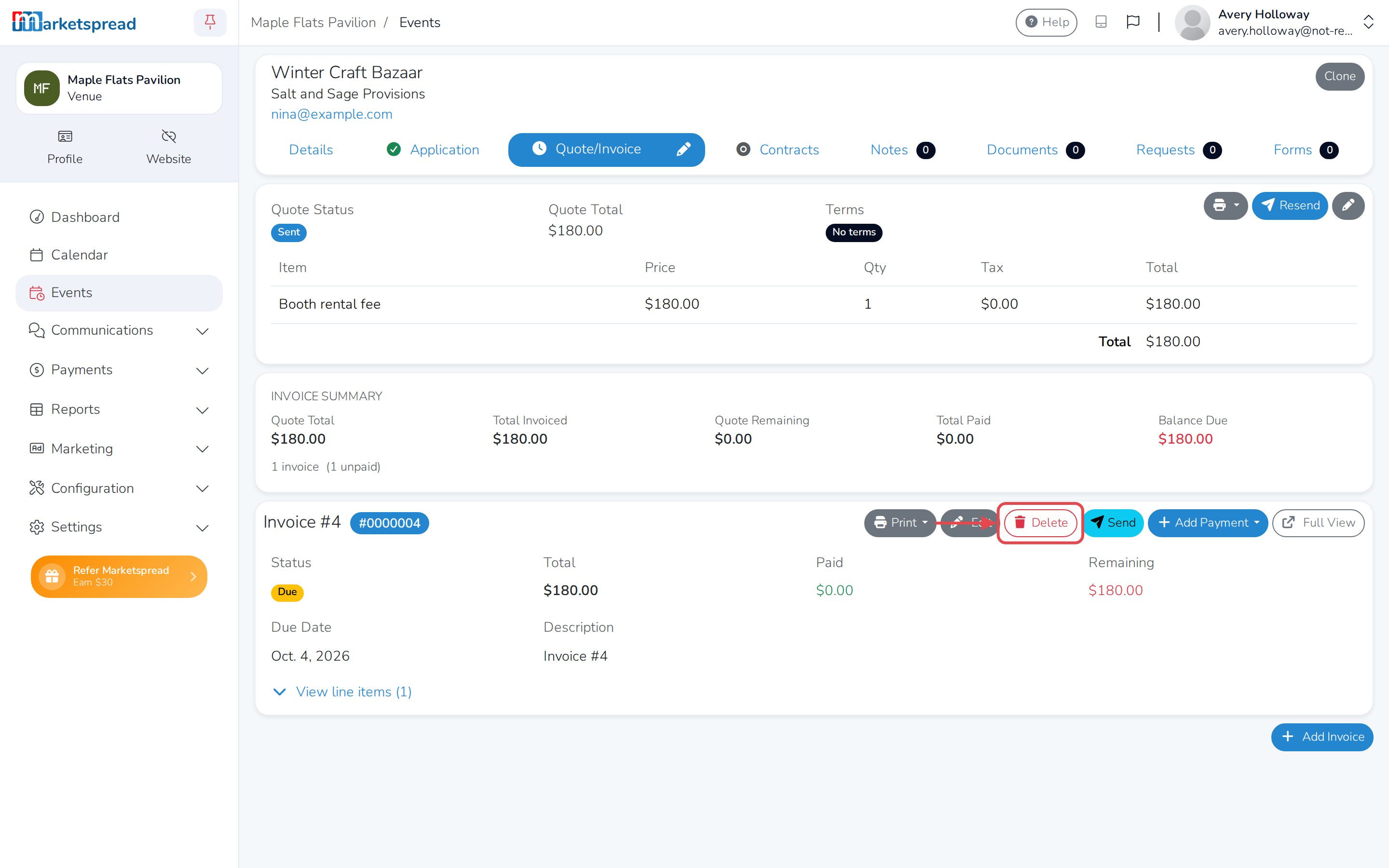 The Quote/Invoice tab on a cancelled booking, with Delete next to the unpaid invoice