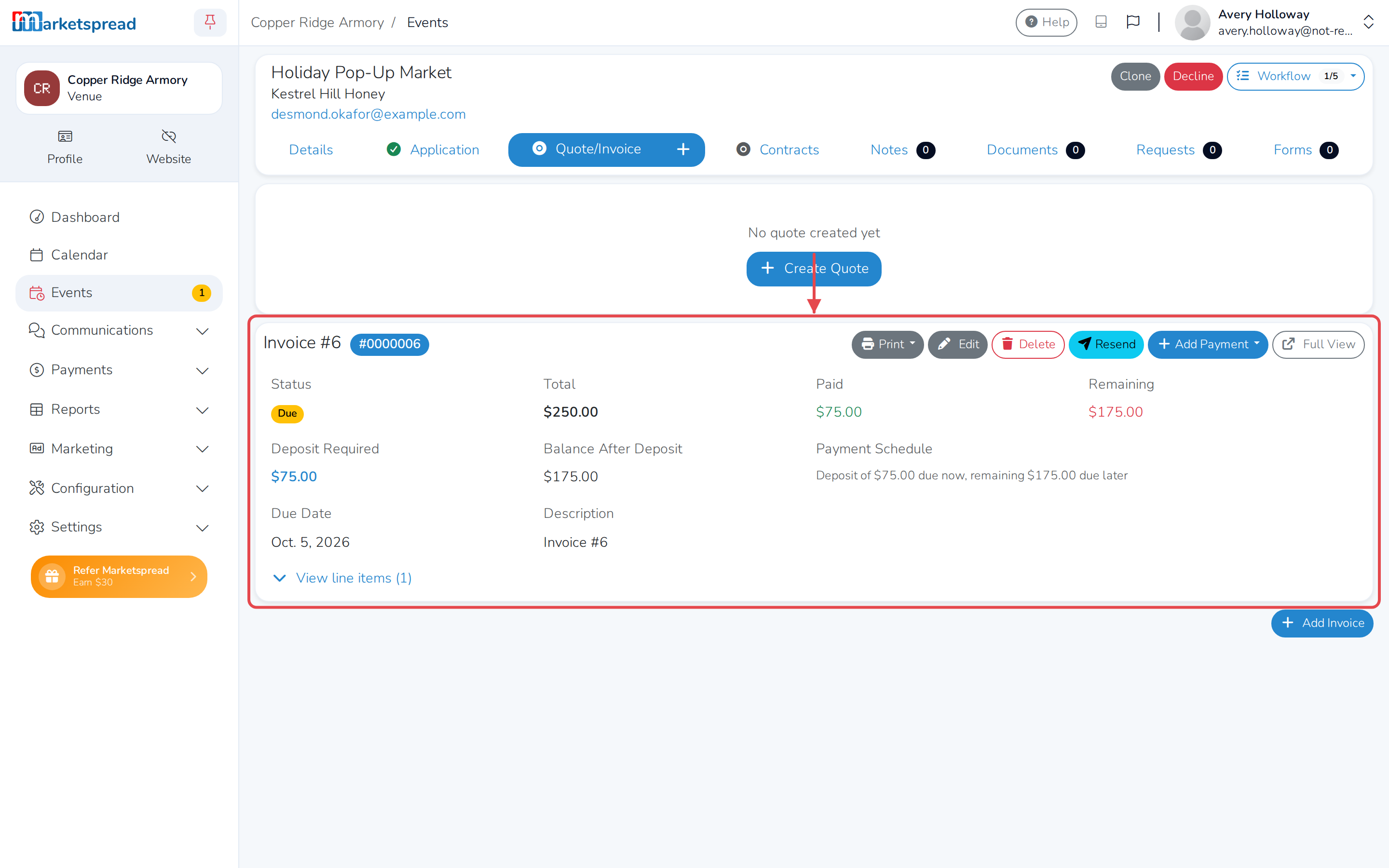The invoice on the Quote/Invoice tab, with Paid and Remaining updated after the deposit