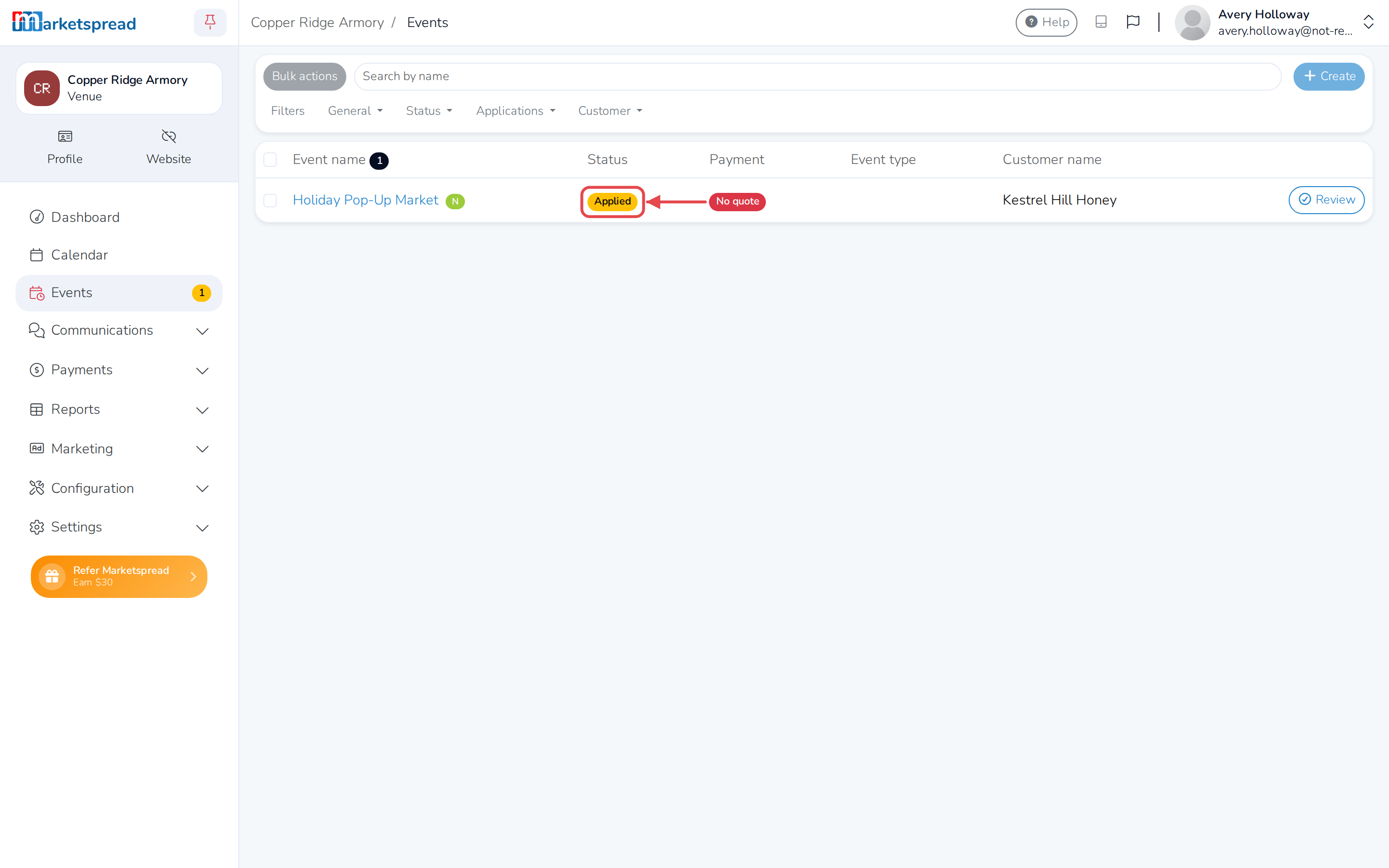 The Events list, with the booking still showing Applied even though the deposit is paid