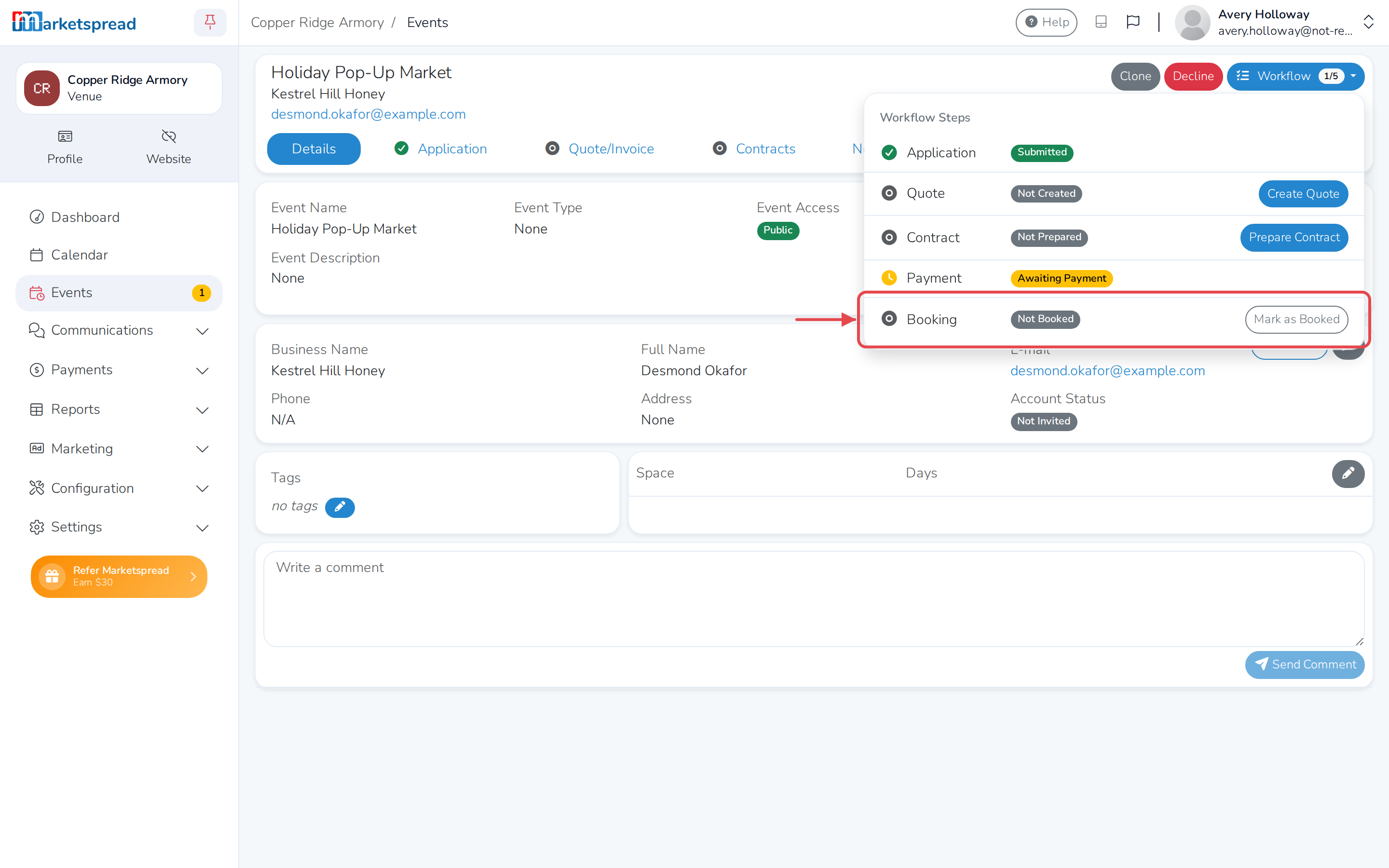 The Workflow menu, with the Booking step still Not Booked and its Mark as Booked action