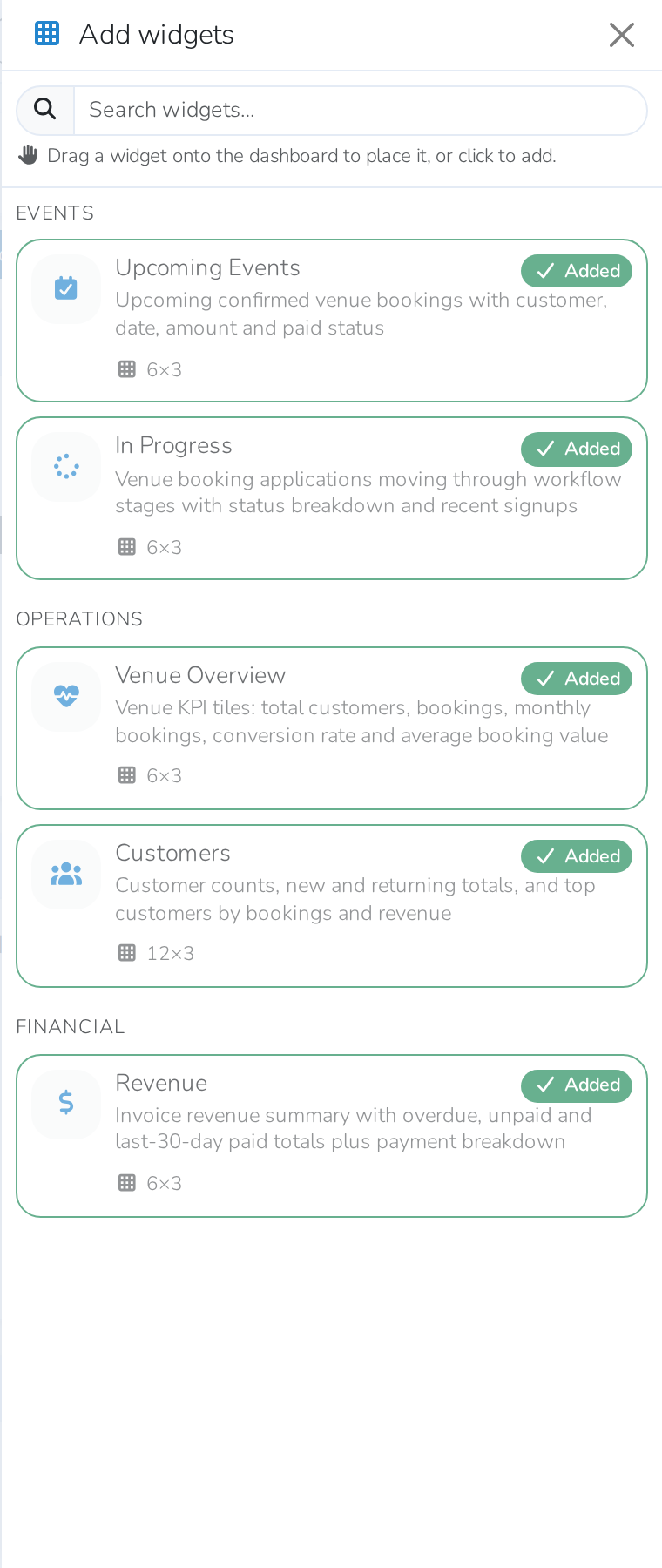 The Add widgets panel, with widgets grouped into Events, Operations, and Financial