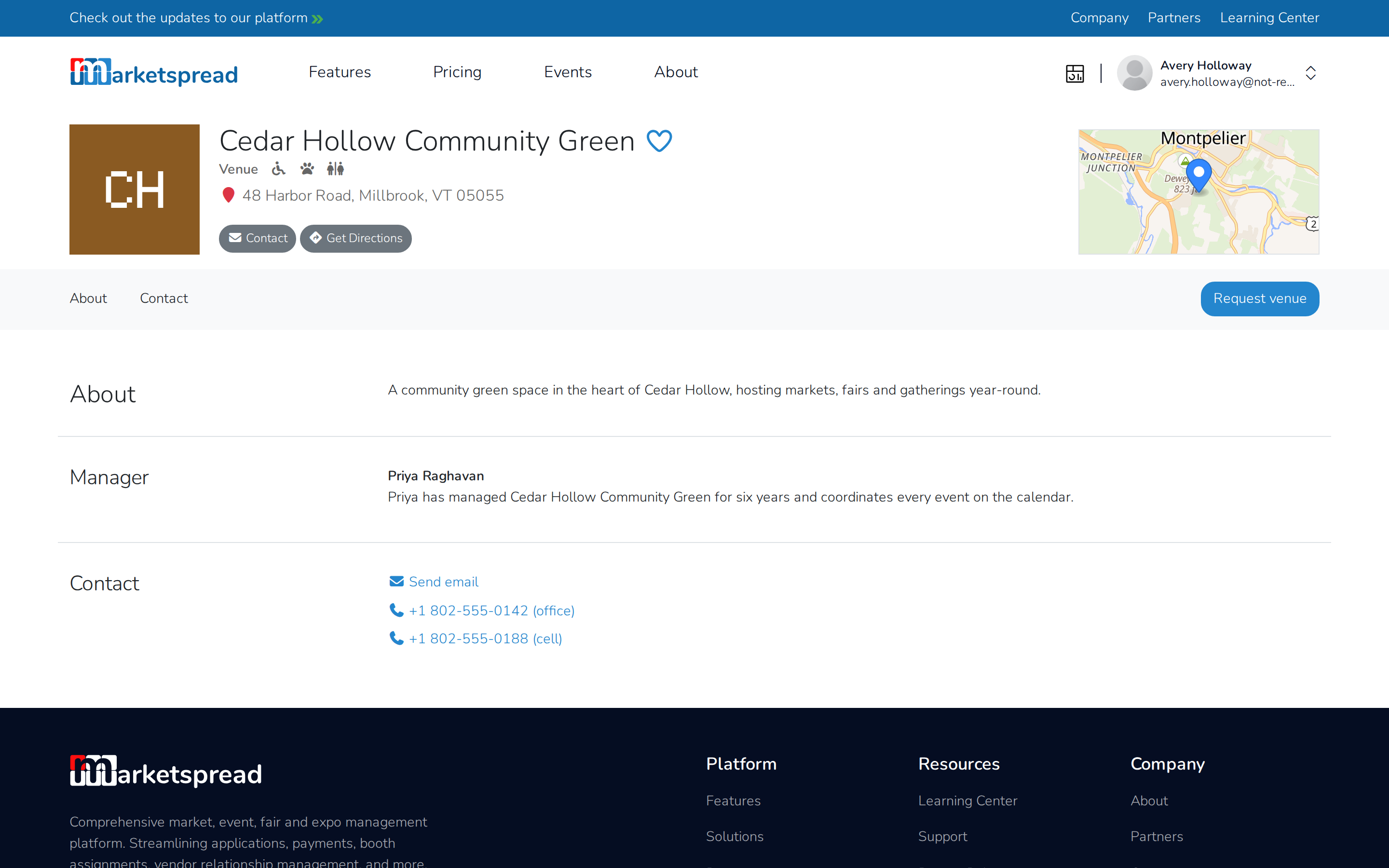 The venue's public page, showing its description, amenities and manager