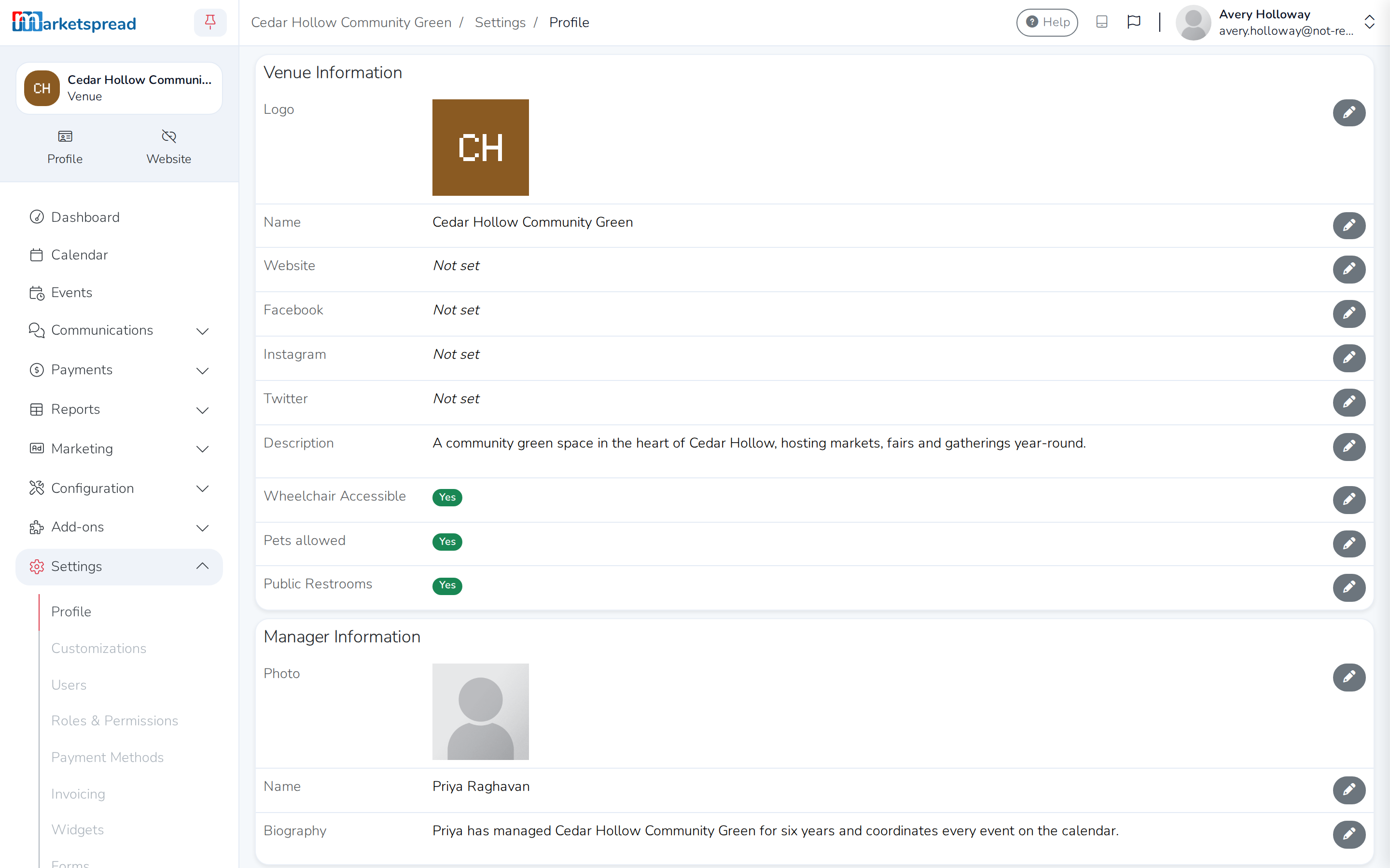 Settings > Profile, where the description, photo, accessibility, links and manager are edited