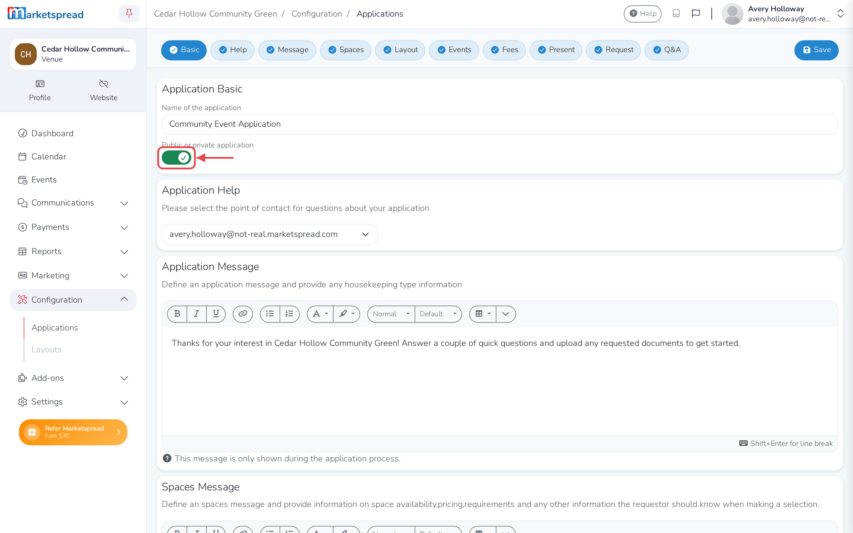 The Public or private application switch on an activated application, which shows a Request venue button on the public page once turned on